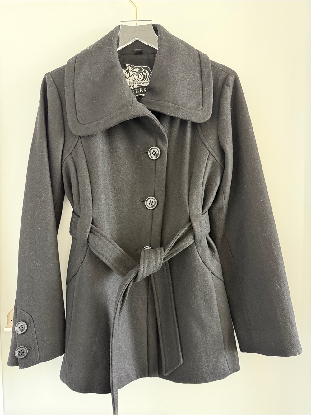 Guess - Black Belted Trench Wool Blend Coat with Wide Collar